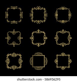 Gold Vintage decor elements and wicker lines in vector. Decoration of logo, page, wedding album or restaurant menu in huge set on a black backdrop. Flourish old design signs and classic style motifs