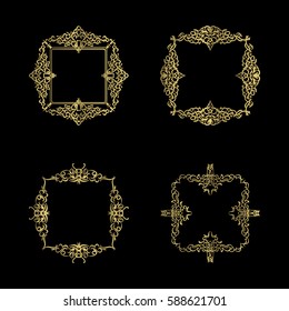 Gold Vintage decor elements and wicker lines in vector. Decoration of logo, page, wedding album or restaurant menu in huge set on a black backdrop. Flourish old design signs and classic style motifs