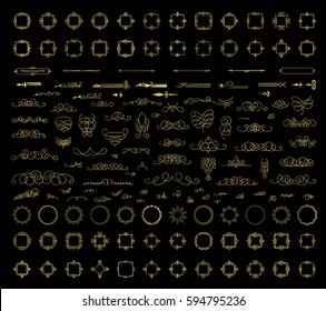 Gold Vintage decor elements and wicker lines in vector. Decoration of logo, page, wedding album or restaurant menu in huge set on a black backdrop. Flourish old design signs and classic style motifs