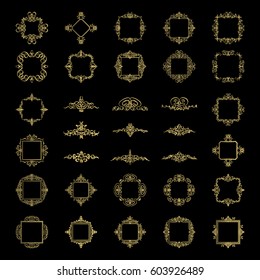 Gold Vintage decor elements and wicker lines in vector. Decoration of logo, page, wedding album or restaurant menu in huge set on a black backdrop. Flourish old design signs and classic style motifs