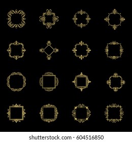 Gold Vintage decor elements and wicker lines in vector. Decoration of logo, page, wedding album or restaurant menu in huge set on a black backdrop. Flourish old design signs and classic style motifs