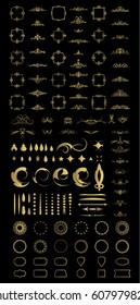 Gold Vintage decor elements and wicker lines in vector. Decoration of logo, page, wedding album or restaurant menu in huge set on a black backdrop. Flourish old design signs and classic style motifs