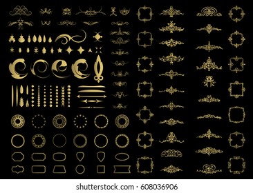 Gold Vintage decor elements and wicker lines in vector. Decoration of logo, page, wedding album or restaurant menu in huge set on a black backdrop. Flourish old design signs and classic style motifs