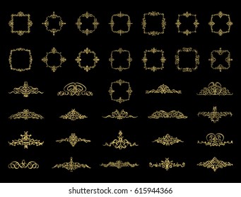 Gold Vintage decor elements and wicker lines in vector. Decoration of logo, page, wedding album or restaurant menu in huge set on a black backdrop. Flourish old design signs and classic style motifs