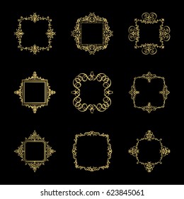 Gold Vintage decor elements and wicker lines in vector. Decoration of logo, page, wedding album or restaurant menu in huge set on a black backdrop. Flourish old design signs and classic style motifs