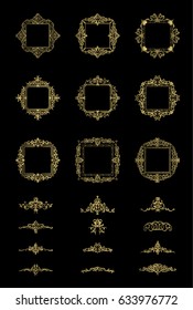Gold Vintage decor elements and wicker lines in vector. Decoration of logo, page, wedding album or restaurant menu in huge set on a black backdrop. Flourish old design signs and classic style motifs