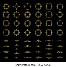 Gold Vintage decor elements and wicker lines in vector. Decoration of logo, page, wedding album or restaurant menu in huge set on a black backdrop. Flourish old design signs and classic style motifs