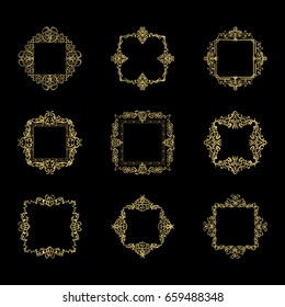 Gold Vintage decor elements and wicker lines in vector. Decoration of logo, page, wedding album or restaurant menu in huge set on a black backdrop. Flourish old design signs and classic style motifs