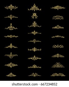 Gold Vintage decor elements and wicker lines in vector. Decoration for  logo, page, wedding album or restaurant menu in huge set on a black backdrop. Flourish old design signs and classic style motifs