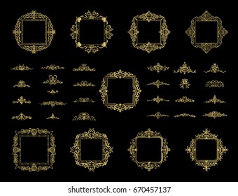 Gold Vintage decor elements and wicker lines in vector. Decoration of logo, page, wedding album or restaurant menu in huge set on a black backdrop. Flourish old design signs and classic style motifs