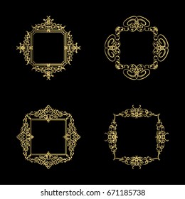 Gold Vintage decor elements and wicker lines in vector. Decoration of logo, page, wedding album or restaurant menu in huge set on a black backdrop. Flourish old design signs and classic style motifs