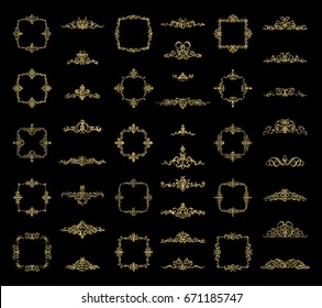 Gold Vintage decor elements and wicker lines in vector. Decoration of logo, page, wedding album or restaurant menu in huge set on a black backdrop. Flourish old design signs and classic style motifs