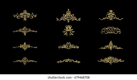 Gold Vintage decor elements and wicker lines in vector. Decoration for  logo, page, wedding album or restaurant menu in huge set on a black backdrop. Flourish old design signs and classic style motifs