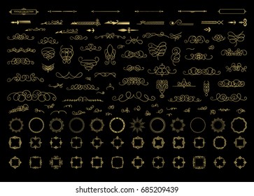 Gold Vintage decor elements and wicker lines in vector. Decoration of logo, page, wedding album or restaurant menu in huge set on a black backdrop. Flourish old design signs and classic style motifs