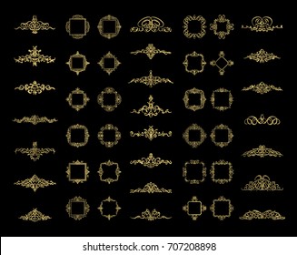 Gold Vintage decor elements and wicker lines in vector. Decoration of logo, page, wedding album or restaurant menu in huge set on a black backdrop. Flourish old design signs and classic style motifs