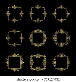 Gold Vintage decor elements and wicker lines in vector. Decoration of logo, page, wedding album or restaurant menu in huge set on a black backdrop. Flourish old design signs and classic style motifs