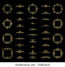 Gold Vintage decor elements and wicker lines in vector. Decoration of logo, page, wedding album or restaurant menu in huge set on a black backdrop. Flourish old design signs and classic style motifs