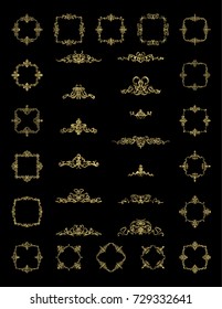 Gold Vintage decor elements and wicker lines in vector. Decoration of logo, page, wedding album or restaurant menu in huge set on a black backdrop. Flourish old design signs and classic style motifs