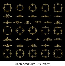 Gold Vintage decor elements and wicker lines in vector. Decoration of logo, page, wedding album or restaurant menu in huge set on a black backdrop. Flourish old design signs and classic style motifs