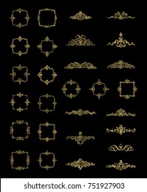 Gold Vintage decor elements and wicker lines in vector. Decoration of logo, page, wedding album or restaurant menu in huge set on a black backdrop. Flourish old design signs and classic style motifs