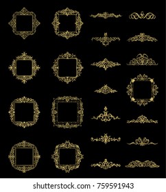 Gold Vintage decor elements and wicker lines in vector. Decoration of logo, page, wedding album or restaurant menu in huge set on a black backdrop. Flourish old design signs and classic style motifs