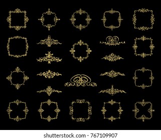 Gold Vintage decor elements and wicker lines in vector. Decoration of logo, page, wedding album or restaurant menu in huge set on a black backdrop. Flourish old design signs and classic style motifs