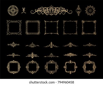 Gold Vintage decor elements and wicker lines in vector. Decoration of logo, page, wedding album or restaurant menu in huge set on a black backdrop. Flourish old design signs and classic style motifs