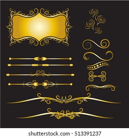 Gold Vintage Decorations Elements Flourishes Calligraphic Ornaments and Frames Black background