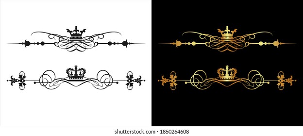 Gold vintage elements on a black background and black elements on white. Royal style. Graphic element. Isolated vector illustrations.