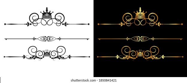 Gold vintage elements on a black background and black elements on white. Royal style. Graphic element. Isolated vector image