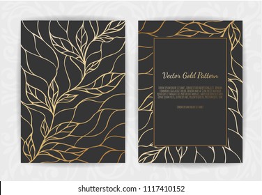 Gold vintage floral greeting card on a black background.