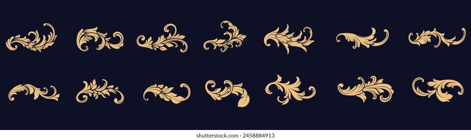 Adornos de oro vintage flourish, elegante marco de borde, filigrana, damasco, barroco, remolinos y rollos decoraciones Vector de diseño retro