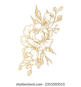 gold Vintage flower vector drawing. Peony, rose, leaves and berry sketch composition. Engraved botanical bouquet. Hand drawn floral wedding invitation, label template, anniversary card.