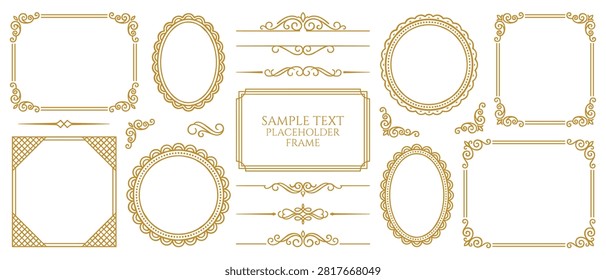 Gold vintage frame and border set with ornate oval rectangle shapes and text placeholder for certificate wedding invitation design