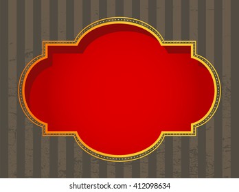Gold vintage frame on dark gray stripes background with scratches. Retro style design. Volumetric hole with shadow and red sublayer. Vector layout. 