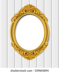 Gold vintage frame on white plank wood background