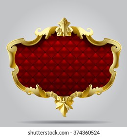 Gold vintage frame with red button-tufted leather background. Vector illustration