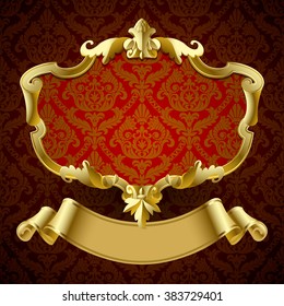 Gold vintage framed decorative signboard with banner on dark red ornamental background. Vector illustration