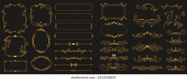 Gold vintage frames mega set in flat design. Bundle elements of abstract line classical decorative borders, dividers and templates square or circle forms. Vector illustration isolated graphic objects