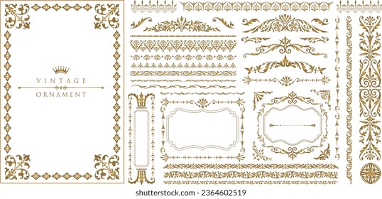 Gold vintage frames. Set of Decorative borders set, floral ornament, Vector antique decor
