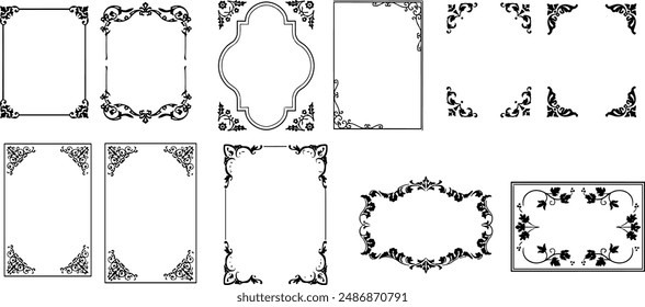 Gold vintage frames. Set of Decorative borders set, floral ornament, Vector antique decor	
