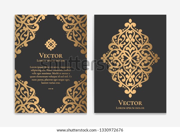 Gold vintage greeting card design with a black\
background. Luxury vector ornament template. Mandala. Great for\
invitation, flyer, menu, brochure, wallpaper, decoration, or any\
desired idea.