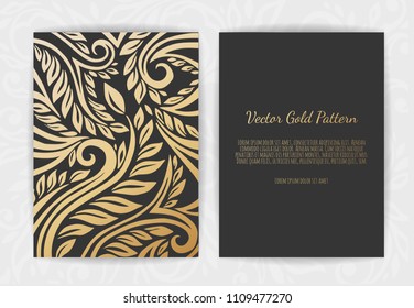 Gold vintage greeting card on a black background. Luxury ornament template