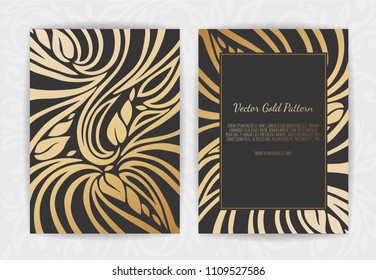Gold vintage greeting card on a black background. Luxury ornament template
