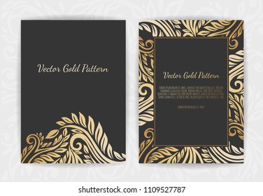 Gold vintage greeting card on a black background. Luxury ornament template