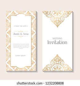 Gold vintage greeting card on white background, invitation design with ornaments for wedding, marriage, bridal, birthday, Valentine's day. Luxury vector ornament template. 