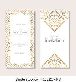 Gold vintage greeting card on white background, invitation design with ornaments for wedding, marriage, bridal, birthday, Valentine's day. Luxury vector ornament template. 