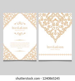 Gold vintage greeting card on white background, invitation design with ornaments for wedding, marriage, bridal, birthday, Valentine's day. Luxury vector ornament template. 