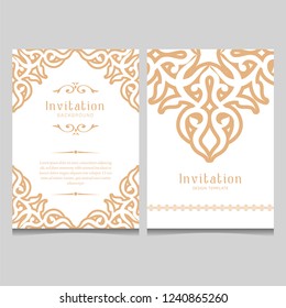 Gold vintage greeting card on white background, invitation design with ornaments for wedding, marriage, bridal, birthday, Valentine's day. Luxury vector ornament template. 
