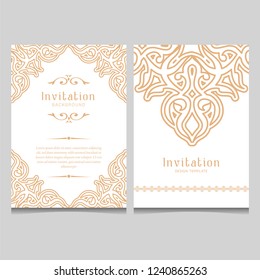 Gold vintage greeting card on white background, invitation design with ornaments for wedding, marriage, bridal, birthday, Valentine's day. Luxury vector ornament template. 